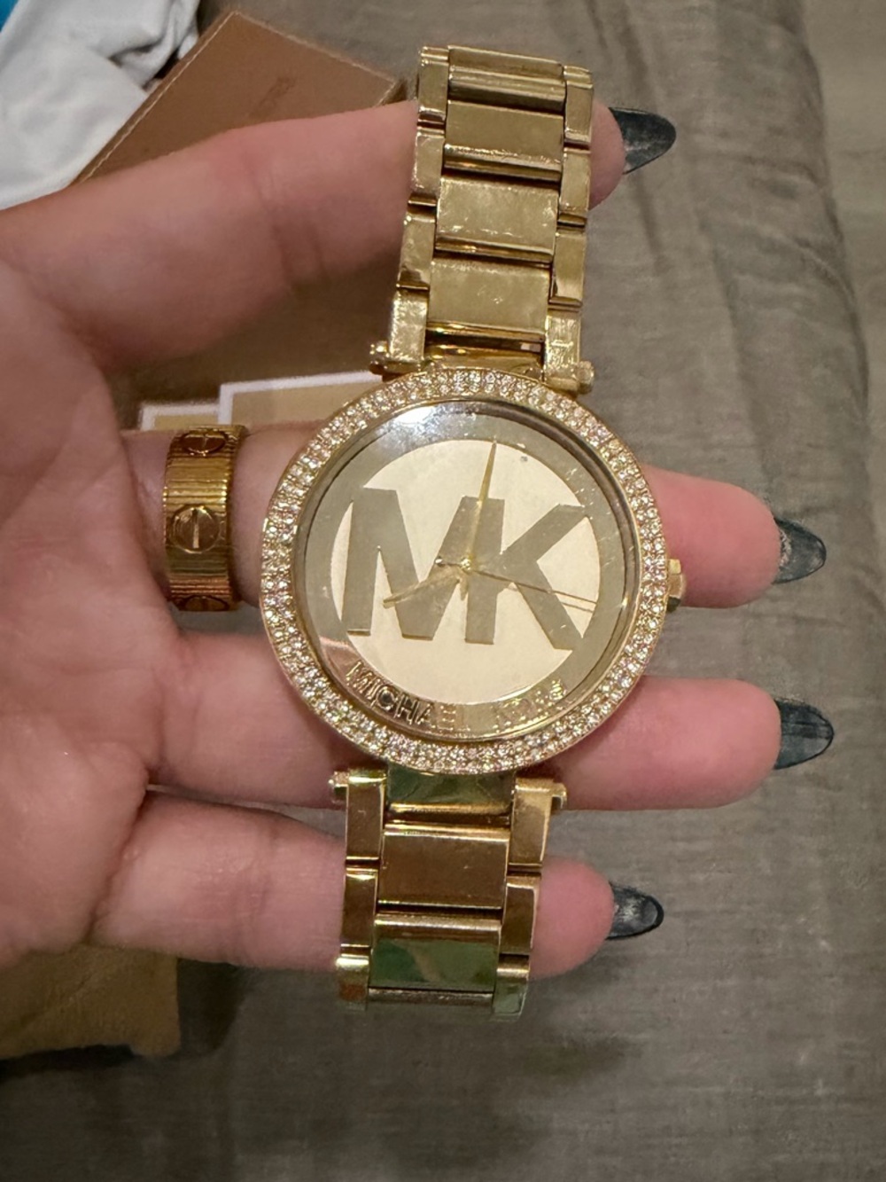 Michael Kors Gold-tone Crystal MK Logo Bracelet Watch